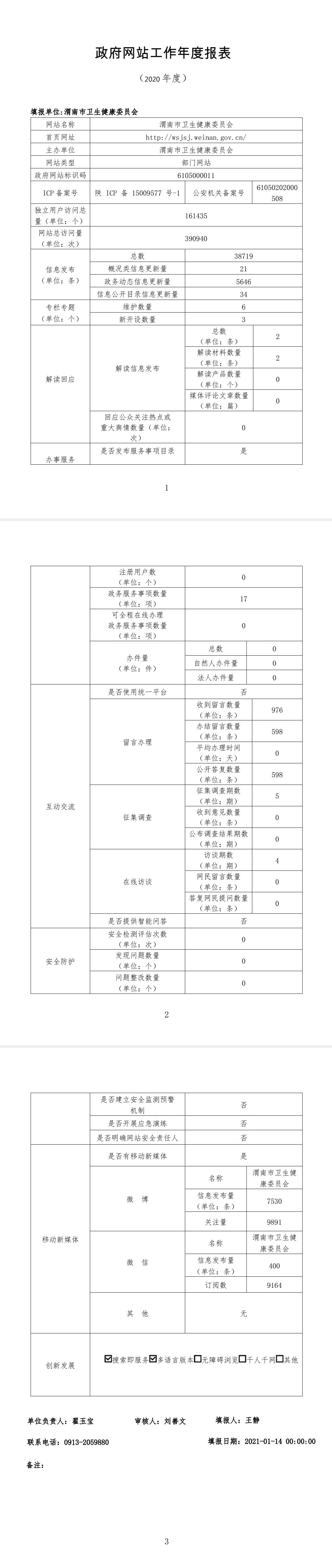 渭南市卫生健康委员会2020年度政府网站工作年度报表